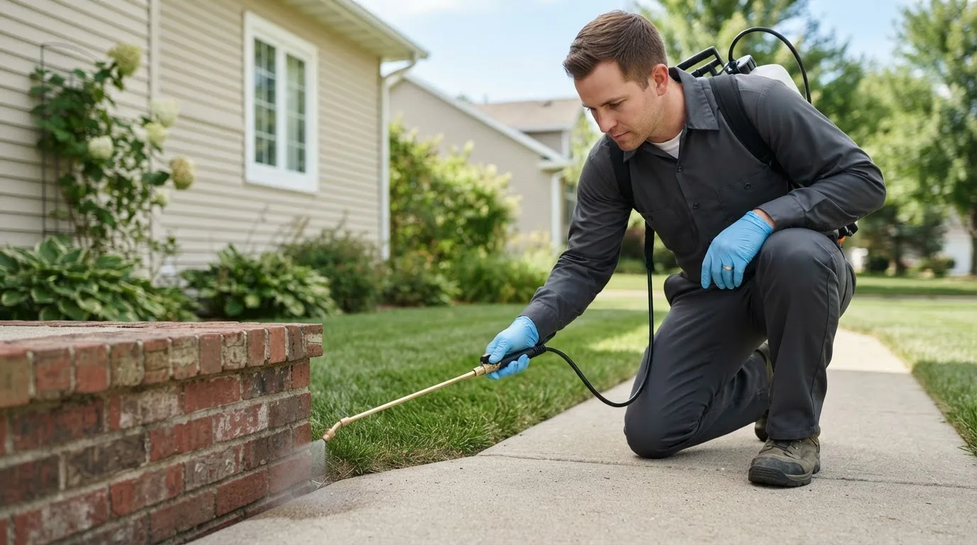 Pest control technician treating a home near East Hampton, NY
